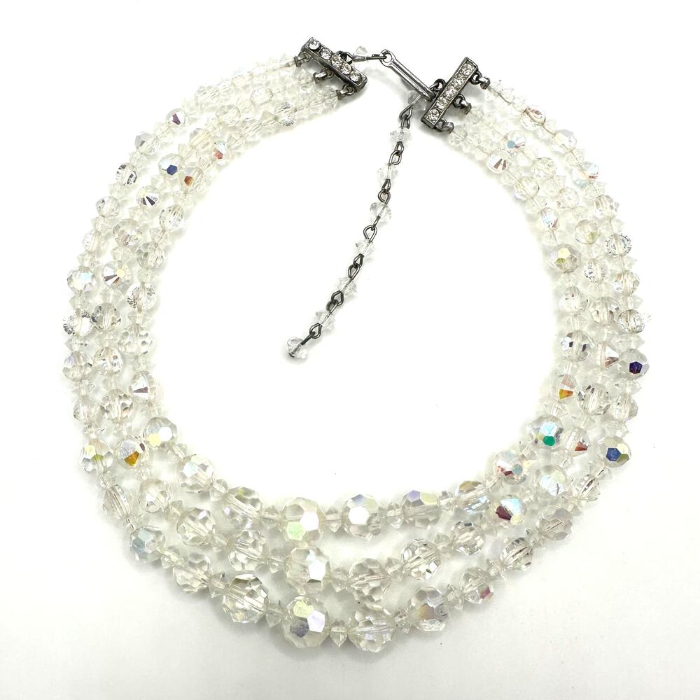 Vintage 3 triple strand clear AB aurora borealis glass beaded graduated necklace